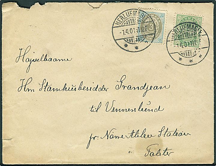 3 øre Tofarvet omv. rm. og 5 øre Våben på brev fra Herlufmagle d. 1.4.1901 via Næstved til Nørre Alslev.