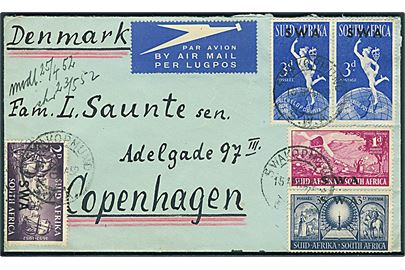12d blandingsfrankeret luftpostbrev fra Swakopmund d. 15.4.1952 til København, Danmark.