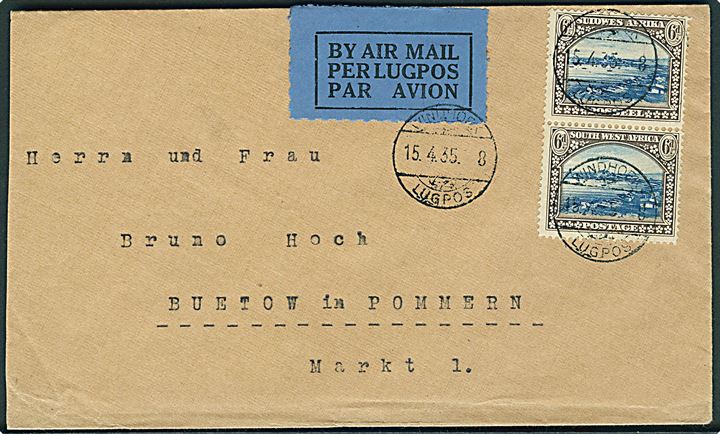 6d Landskab i 2-sproget parstykke på luftpostbrev annulleret med lille stempel Windhoek Lugpos d. 15.4.1935 til Buetow, Pommern, Tyskland.
