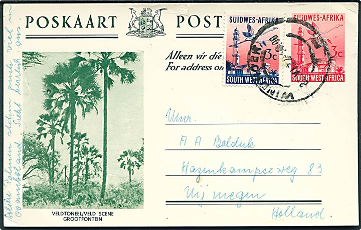 3 c. illustreret helsagsbrevkort opfrankeret med 3 c. fra Windhoek d. 25.7.1972 til Nijmegen, Holland.