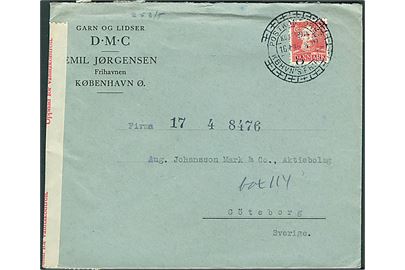 20 øre Chr. X med perfin E.J.F. på fortrykt kuvert fra firma Emil Jørgensen Frihavnen annulleret med særstempel Postkontoret KBHVN'S FRIHAVN d. 16.4.1946 til Göteborg, Sverige. Åbnet af svensk valutakontrol.