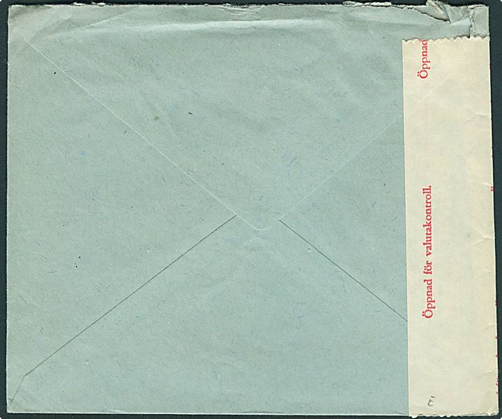 20 øre Chr. X med perfin E.J.F. på fortrykt kuvert fra firma Emil Jørgensen Frihavnen annulleret med særstempel Postkontoret KBHVN'S FRIHAVN d. 16.4.1946 til Göteborg, Sverige. Åbnet af svensk valutakontrol.