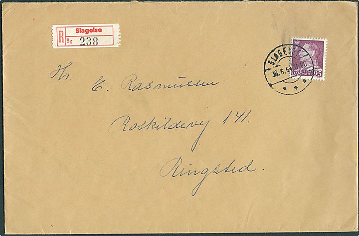 95 øre Fr. IX single på anbefalet brev fra Slagelse d. 30.6.1964 til Ringsted.