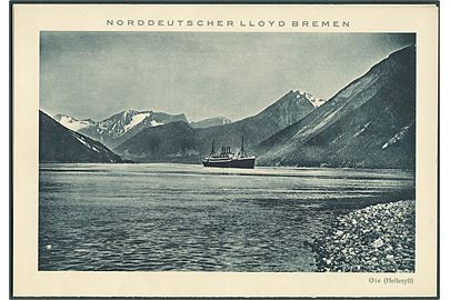Norddeutscher Lloyd. III Nordkap-Fahrt 1927 med dampskibet Lützow. Illustreret menukort fra 3.8.1927 med billede af skibet ved Oie (Hellesylt).