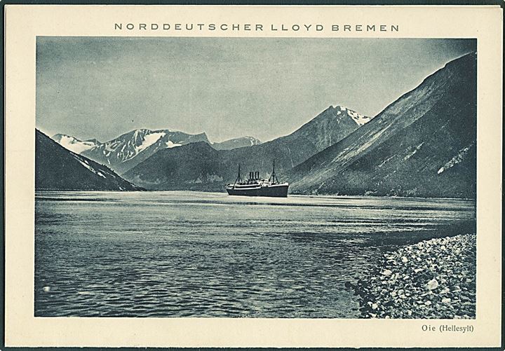 Norddeutscher Lloyd. III Nordkap-Fahrt 1927 med dampskibet Lützow. Illustreret menukort fra 3.8.1927 med billede af skibet ved Oie (Hellesylt).