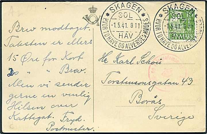 15 øre Karavel på brevkort (Det rullende Postkontor) annulleret med turiststempel Skagen * Hvor to have og alverden mødes * d. 1.5.1941 til Borås, Sverige. Dansk censur. Sendt fra postmester Fryd, som var postmester i Skagen 1933-1952.
