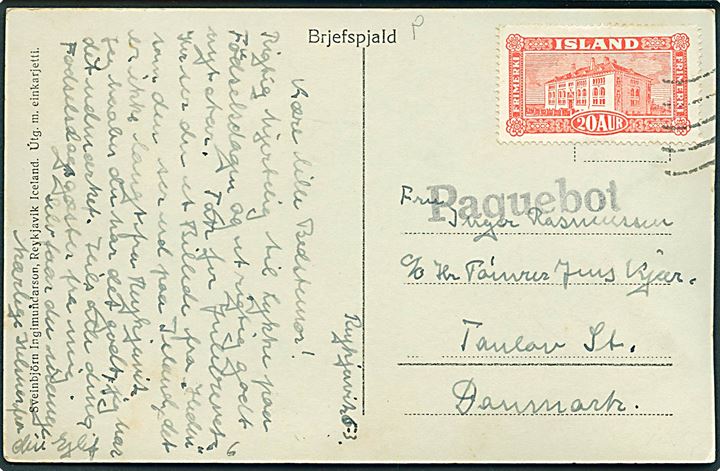 20 aur Museum på brevkort (Fra Hellisheidi) dateret Reykjavik d. 5.3.193x annulleret med del af norsk maskinstempel og sidestemplet Paquebot til Taulov, Danmark.