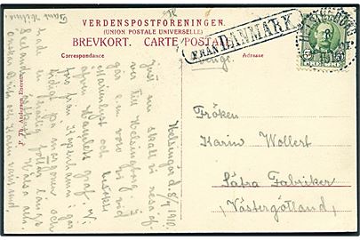 5 øre Fr. VIII på brevkort fra Helsingør annulleret med svensk stempel i Helsingborg d. 8.7.1910 og sidestemplet Från Danmark til Sätra, Sverige.