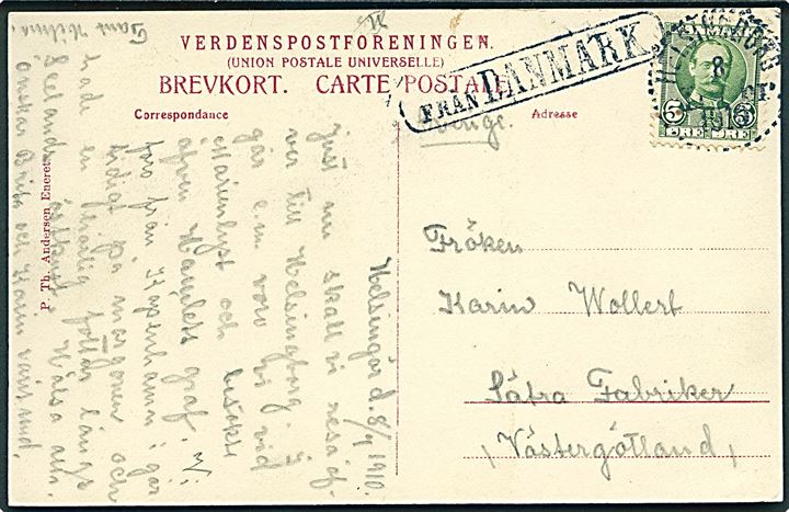 5 øre Fr. VIII på brevkort fra Helsingør annulleret med svensk stempel i Helsingborg d. 8.7.1910 og sidestemplet Från Danmark til Sätra, Sverige.