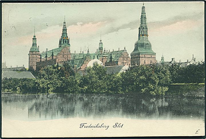 1 øre og 4 øre Bølgelinie på brevkort (Frederiksborg Slot) annulleret med svensk bureaustempel PKXP No. 2A INR. U. d. 4.8.1906 og sidestemplet Från Danmark til Sätra Bruk, Sverige.