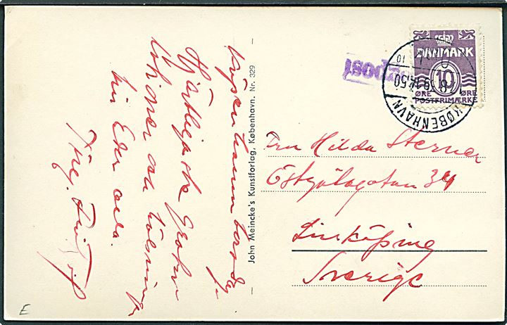 10 øre Bølgelinie på brevkort (København Vesterport med sporvogne) annulleret København Omk d. 17.8.1939 og sidestemplet Togpost til Linköping, Sverige.