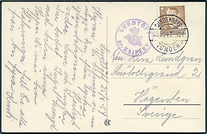 20 øre Fr. IX på brevkort (Lundtoft Stationskro) annulleret med bureaustempel Sønderborg - Tønder sn2 T.422 d. 25.8.1954 og sidestemplet med posthornstempel LUNDTOFT pr. KLIPLEV til Hägersten, Sverige.
