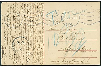 Ufrankeret brevkort fra Kjøbenhavn d. 10.7.1919 til Port Louis, Mauritius via England. Udtakseret i porto og ankomststemplet Mauritius d. 27.8.1919. Enestående destination.