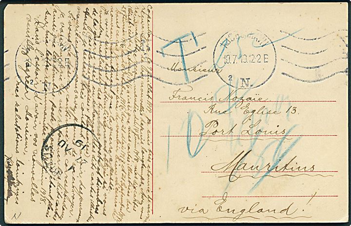 Ufrankeret brevkort fra Kjøbenhavn d. 10.7.1919 til Port Louis, Mauritius via England. Udtakseret i porto og ankomststemplet Mauritius d. 27.8.1919. Enestående destination.