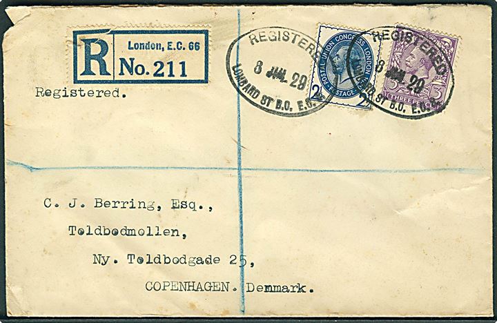 3d George V og 2d UPU Congress på anbefalet brev fra London d. 8.1.1929 til København, Danmark.