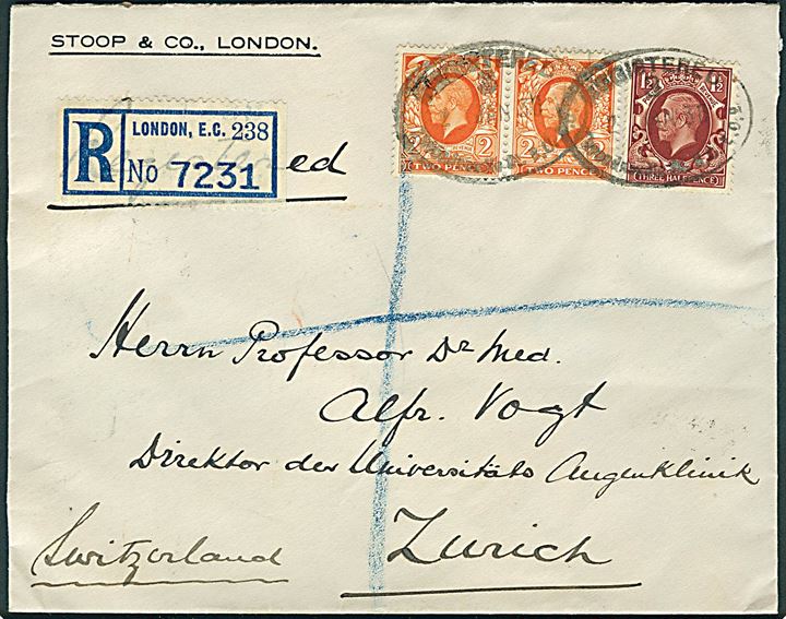 1½d og 2d (par) George V på anbefalet brev fra London d. 2.1.1936 til Zürich, Schweiz.