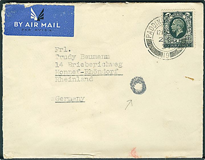 4d George V single på luftpostbrev fra Paddington d. 2.10.1937 til Honnef-Rhöndorf, Tyskland.