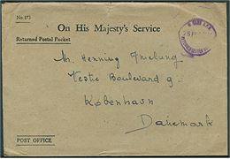 Ufrankeret tjenestebrev fra Post Office / Returned Postal Packet med violet stempel 8 Base A.P.O. Returned Letter Branch d. 25.2.1947 til København, Danmark.