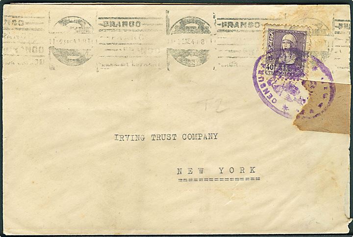 40 cts (defekt) på brev fra Madrid d. 2.1.1940 til New York, USA. Åbnet af spansk censur i Madrid.