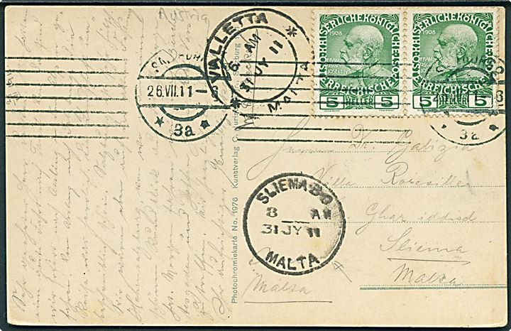 5 h. Franz Joseph i parstykke på brevkort fra Salzburg d. 26.7.1911 via Valetta Malta til Sliema, Malta.