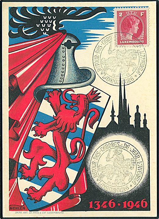 600 året for John den Blindes død postkort med 2 fr. annulleret med særstempel d. 26.8.1946.