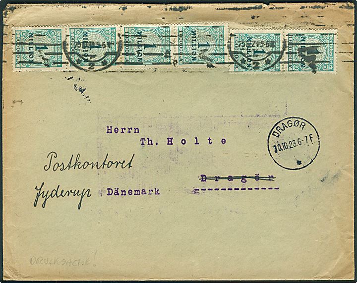 1 mio. mk. (6) på infla tryksag fra Charlottenburg d. 25.10.1923 til Dragør, Danmark. Eftersendt til Jyderup med brotype IIIb d. 30.10.1923.