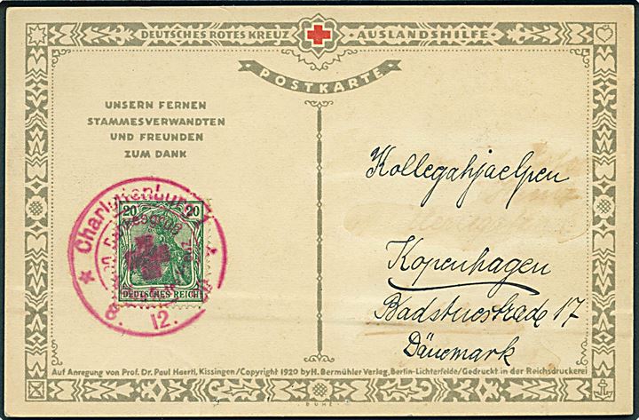 20 pfg. Germania på særligt Røde Kors brevkort annulleret med rødt stempel Charlottenburg Dankesgruss Deutsches Rote Kreuz d. 8.12.1920 til København, Danmark.