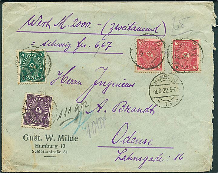 2 mk., 4 mk. og 10 mk. (2) Ciffer på infla værdibrev fra Hamburg d. 9.9.1922 til Odense, Danmark.