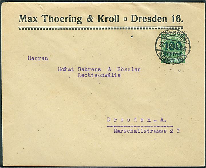 100.000/400 mk. Provisorium single på lokalt inflabrev i Dresden d. 27.9.1923.