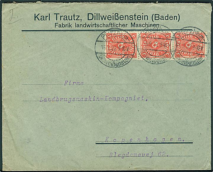 3 mk. Infla udg. i 3-stribe på brev fra Pforzheim d. 13.9.1922 til København, Danmark.
