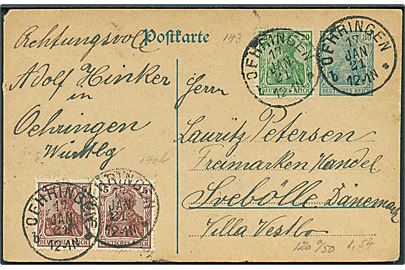 30 pfg. helsagsbrevkort opfrankeret med 5 pfg. (par) og 20 pfg. Germania fra Oehringen d. 17.1.1921 til Svebølle, Danmark.