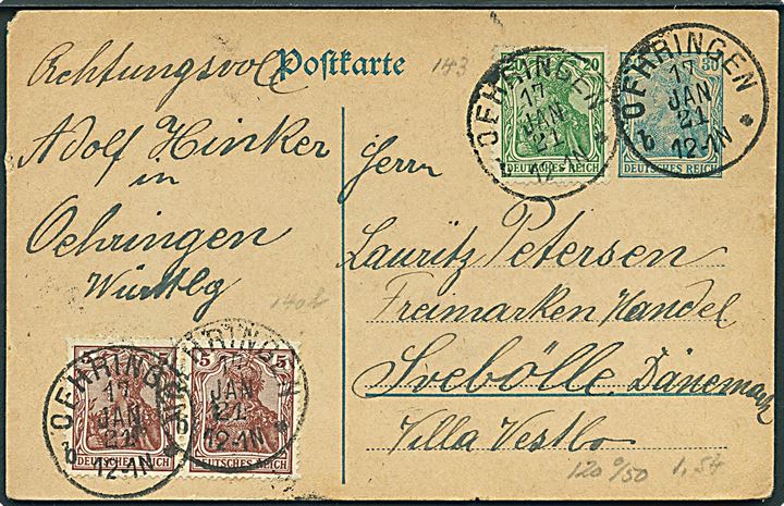 30 pfg. helsagsbrevkort opfrankeret med 5 pfg. (par) og 20 pfg. Germania fra Oehringen d. 17.1.1921 til Svebølle, Danmark.