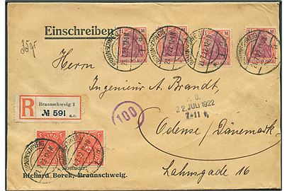 1 1/4 mk. (4) Germania og 3 mk. Ciffer (2) Infla udg. på anbefalet brev fra Braunschweig d. 21.7.1922 til Odense, Danmark.