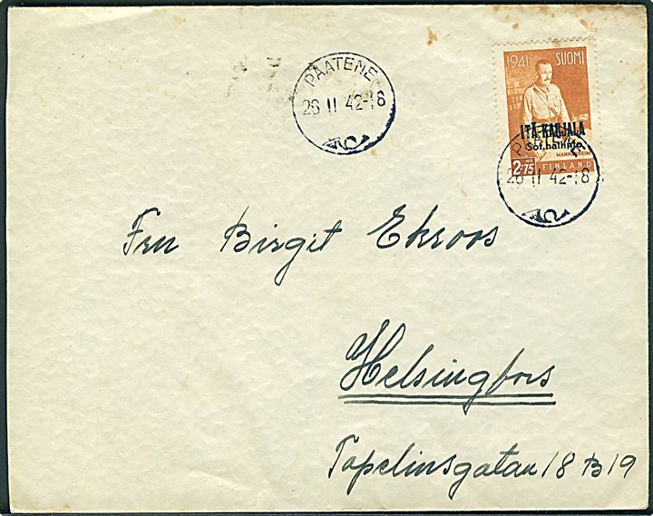 Østkarelen. 2,75 mk. Mannerheim Itä-Karjala single på brev stemplet Paatene d. 26.2.1942 til Helsingfors. 