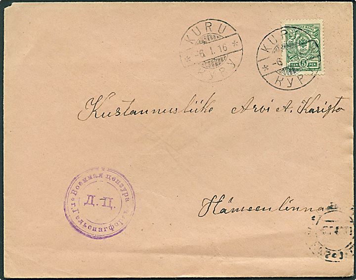 5 pen. Våben på brev fra Kuru d. 6.1.1916 til Hämmenlinna. Russisk censur fra Helsingfors.