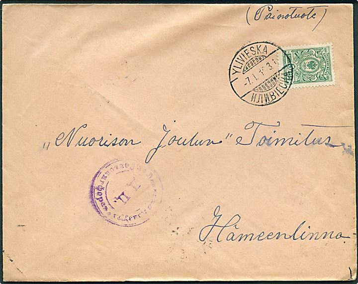 5 pen. Våben single på brev fra Ylivieska d. 7.1.1916 til Hämmeenlinna. Russisk censur fra Helsingfors.