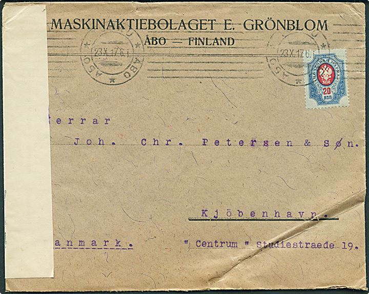 Russisk 20 kop. Våben på brev fra Åbo d. 23.10.1917 til København, Danmark. Åbnet af russisk censur i Helsingfors.
