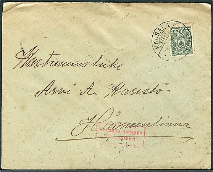5 pen. Våben på brev fra Kausala d. 24.11.1914 via Tampere til Hämeenlinna. Rød 3-sproget censur.