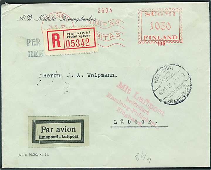 10,50 mk. firmafranko på anbefalet luftpostbrev fra Helsinki d. 24.9.1932 til Lübeck, Tyskland. Rød luftpost stempel Mit Luftpost befördert Hamburg-Fuhlsbüttel Flughafen.