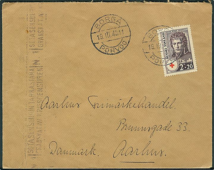20 mk. + 20 pen. Røde Kors single på brev fra Borgå d. 19.3.1940 til Aarhus, Danmark. Finsk censur.