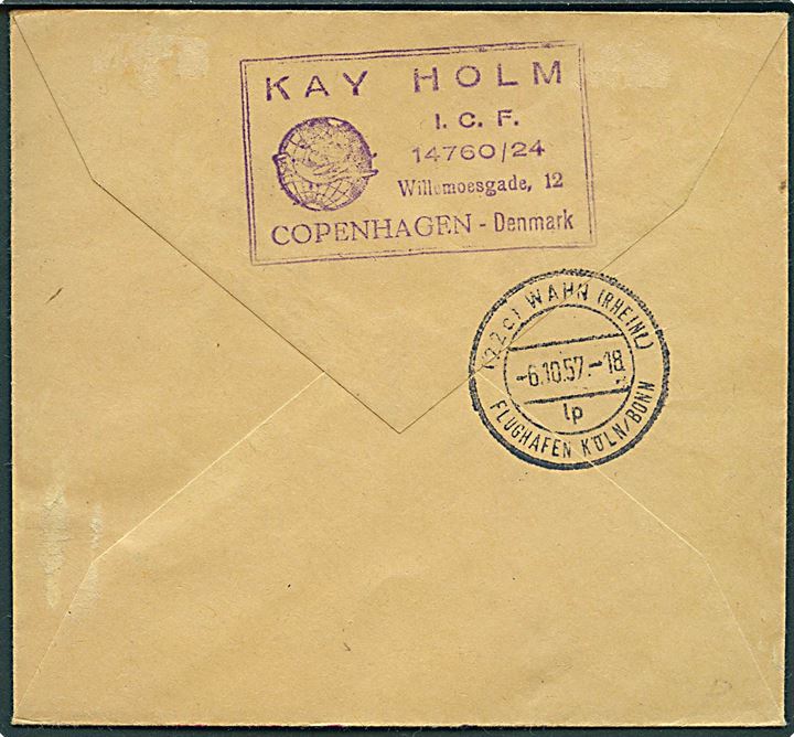 Blandingsfrankeret 1.-flyvningsbrev stemplet I. Turen Helsinki-Köln/Bonn-Frankfurt Helsingfors d. 6.10.1957 til Bonn, Tyskland - eftersendt til København, Danmark.