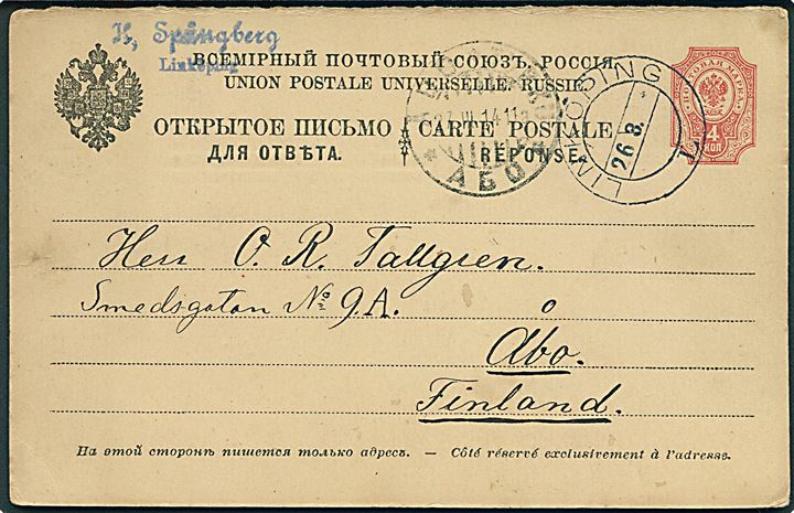 Russisk 4 kop. Våben svardel af dobbelt helsagsbrevkort annulleret med svensk stempel Linköping d. 26.3.1914 til Åbo, Finland.