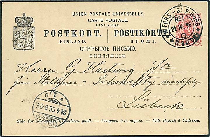 10 pen. helsagsbrevkort fra helsingfors annulleret med 2-sproget bureaustempel H:Fors - St. P:Burg No.1 d. 21.4.1896 til Lübeck, Tyskland.