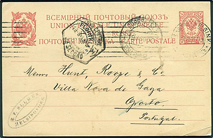 Russisk 4 kop. Våben helsagsbrevkort benyttet i Finland fra Helsingfors d. 13.8.1913 til Oporto, Portugal.