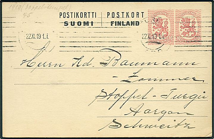 10+10 pen Løve provisorisk helsagsbrevkort fra Åbo d. 22.11.1919 til Turgi, Schweiz.