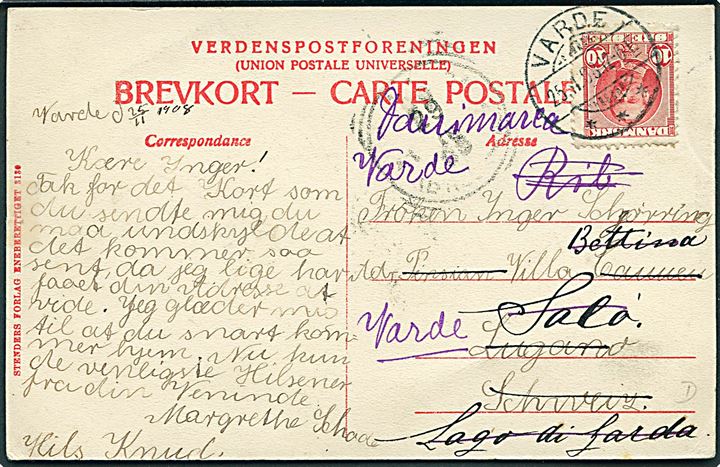 Varde, Storegade. Stenders no. 3130. Frankeret med 10 øre Fr. VIII fra Varde d. 25.11.1908 til Schweiz.