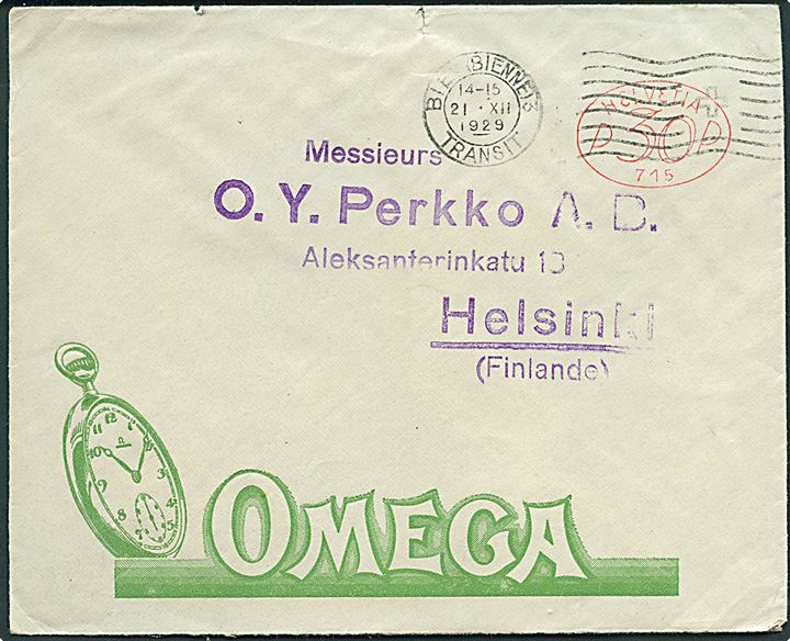 30 c. frankostempel på illustreret reklamekuvert fra Omega i Bienne d. 21.12.1929 til Helsinki, Finland.