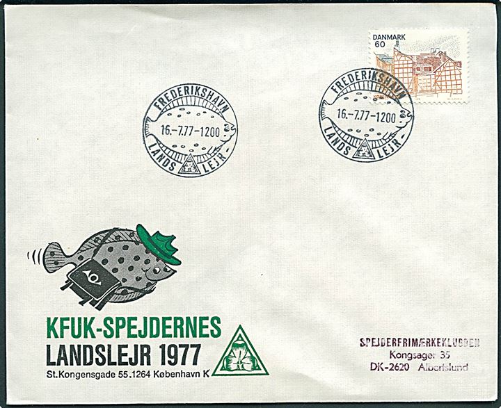 60 øre Landsdels udg. på illustreret spejderkuvert fra KFUK-Spejdernes Landslejr 1977 annulleret med særstempel Frederukshavn Landslejr d. 16.7.1977 til Albertslund.