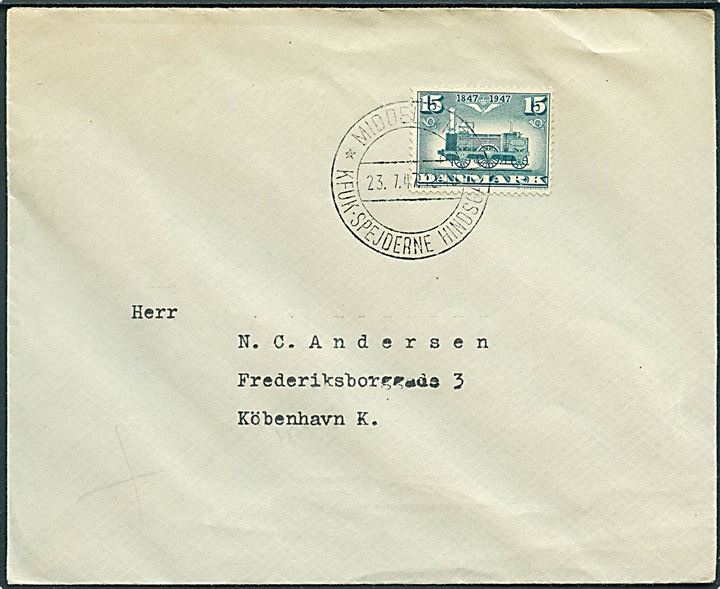 15 øre DSB jubilæum på tryksag annulleret med spejder særstempel Middelfart * KFUK-Spejderne Hindsgavl * d. 23.7.1947 til København.