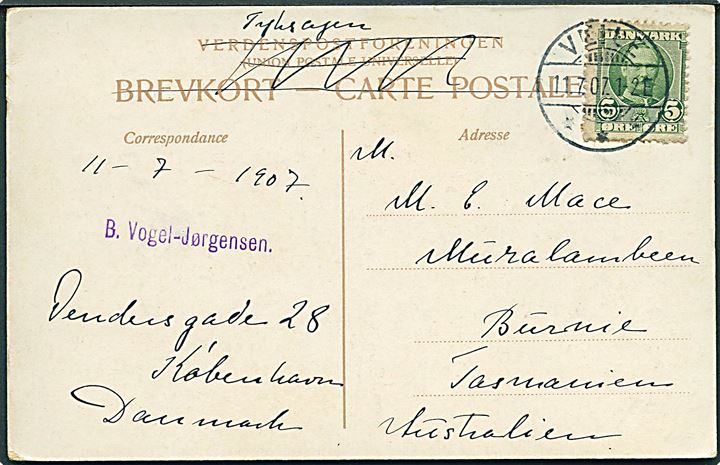 5 øre Fr. VIII single på brevkort sendt som tryksag fra Veile d. 11.7.1907 til Burnie, Tasmanien, Australien. Spændende destination.